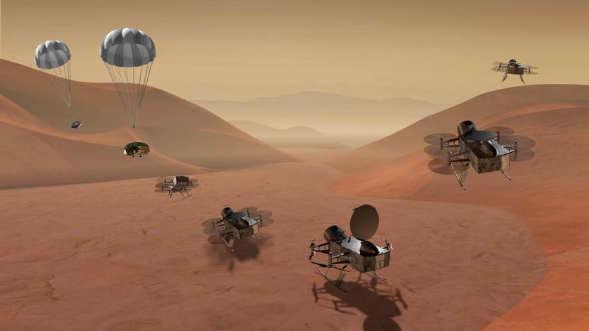 “Dragonfly”, que tiene ocho hélices y se parece a un gran drone, examinará durante casi tres años la superficie de Titán. (NASA vía AP)