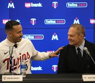 Minnesota Twins' Carlos Correa, left, and agent Scott Boras speak to the media during a press conference at Target Field, Wednesday, January 11, 2023.