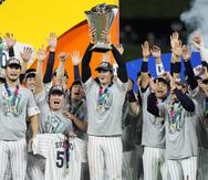 Shohei Ohtani, Jugador Más Valioso de la final del Clásico Mundial de Béisbol, levanta el trofeo de campeón junto a sus compañeros de equipo.