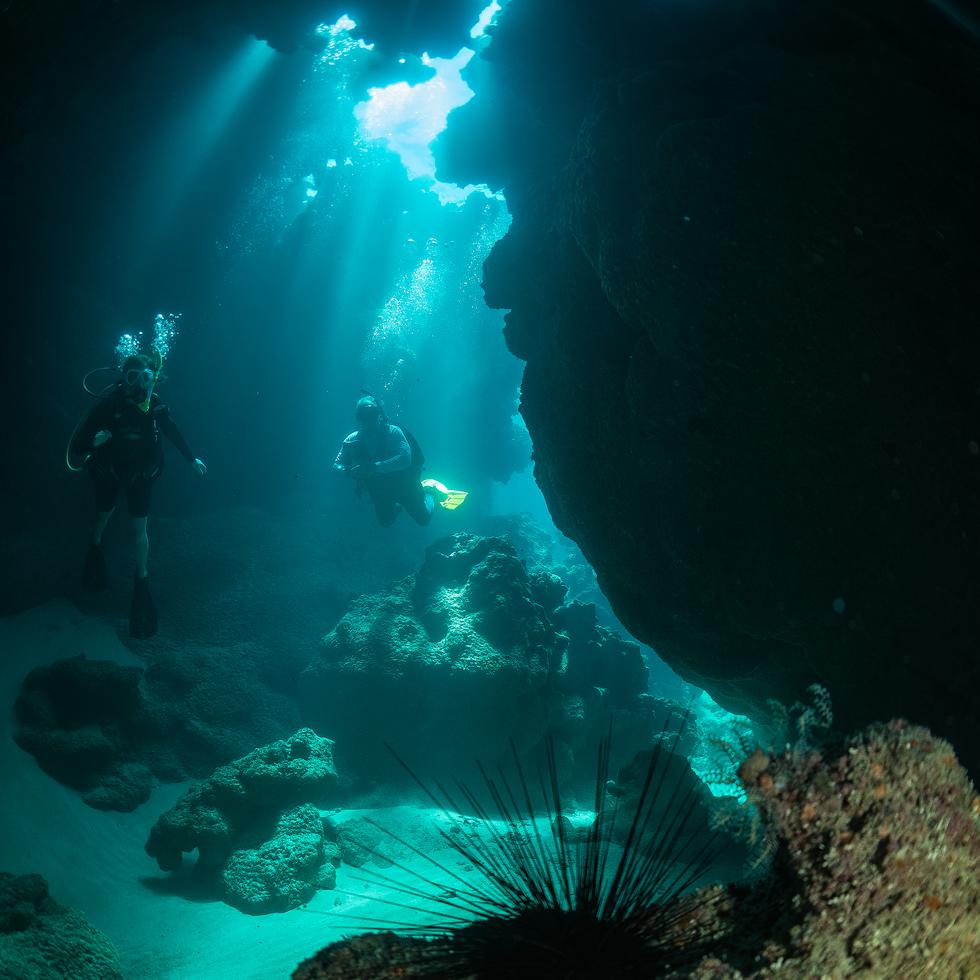 Un impresionante sistema de cuevas submarinas atrae a los aficionados del buceo a Isabela. Aquí, la cueva de Kike Bravo.