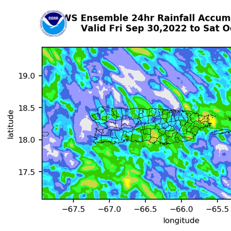 Mapa que muestra el pronóstico de lluvias que podría acumularse entre el viernes 30 de septiembre y el sábado 1 de octubre de 2022.