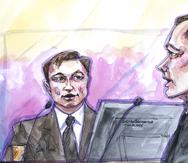 En este boceto de la sala del tribunal, Elon Musk, a la izquierda, con el abogado de los accionistas Nicholas Porritt, comparece el viernes 20 de enero de 2023 ante un tribunal federal en San Francisco. (Vicki Behringer vía AP)