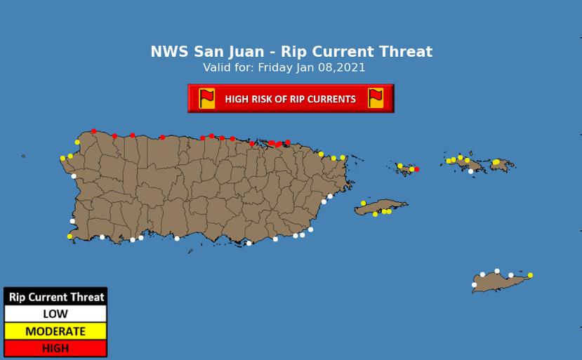 Gráfica que muestra los riesgos de corrientes marinas en las playas de Puerto Rico.