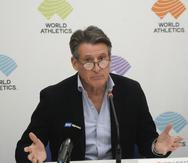 El presidente de World Athletics, Sebastian Coe, en conferencia de prensa tras concluir la reunión de World Athletics en la sede del Comité Olímpico Nacional de Italia en Roma este miércoles.
