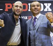 Miguel Cotto (izquierda) y Juan Manuel Márquez (derecha) se unieron hoy para anunciar un convenio entre la plataforma digital ProBox Tv y la compañía promotora del peleador boricua.