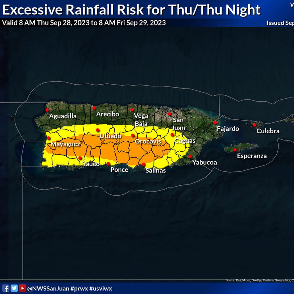 Mapa que muestra los riesgos de lluvia en exceso para el 28 de septiembre de 2023. El amarillo es riesgo limitado y el anaranjado implica riesgo elevado.