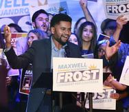 Democratic candidate for Florida's 10th Congressional District Maxwell Frost speaks as he celebrates with supporters during a victory party at The Abbey in Orlando, Fla., on Tuesday, Nov. 8, 2022. (Stephen M. Dowell/Orlando Sentinel, via AP)