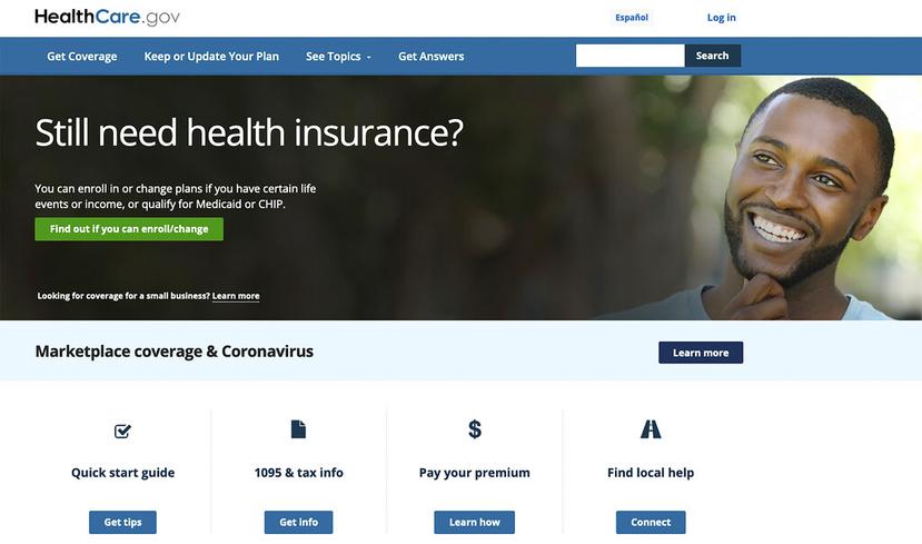 El sitio web HealthCare.gov, en una foto tomada el 25 de enero de 2021. (HealthCare.gov via AP)