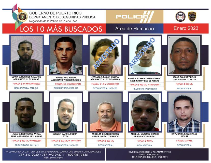 Afiche difundido por las autoridades de las personas más buscadas en el área policiaca de Humacao.