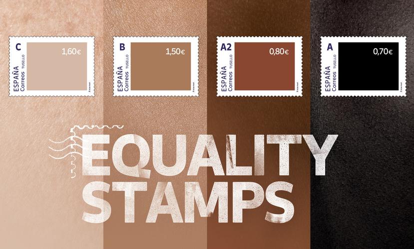 La foto difundida por Correos España el viernes 28 de mayo de 2021 muestra una serie de cuatro sellos coloreados con distintos tonos de piel. Correos tuvo la intención de destacar la desigualdad racial, pero la reacción fue adversa.