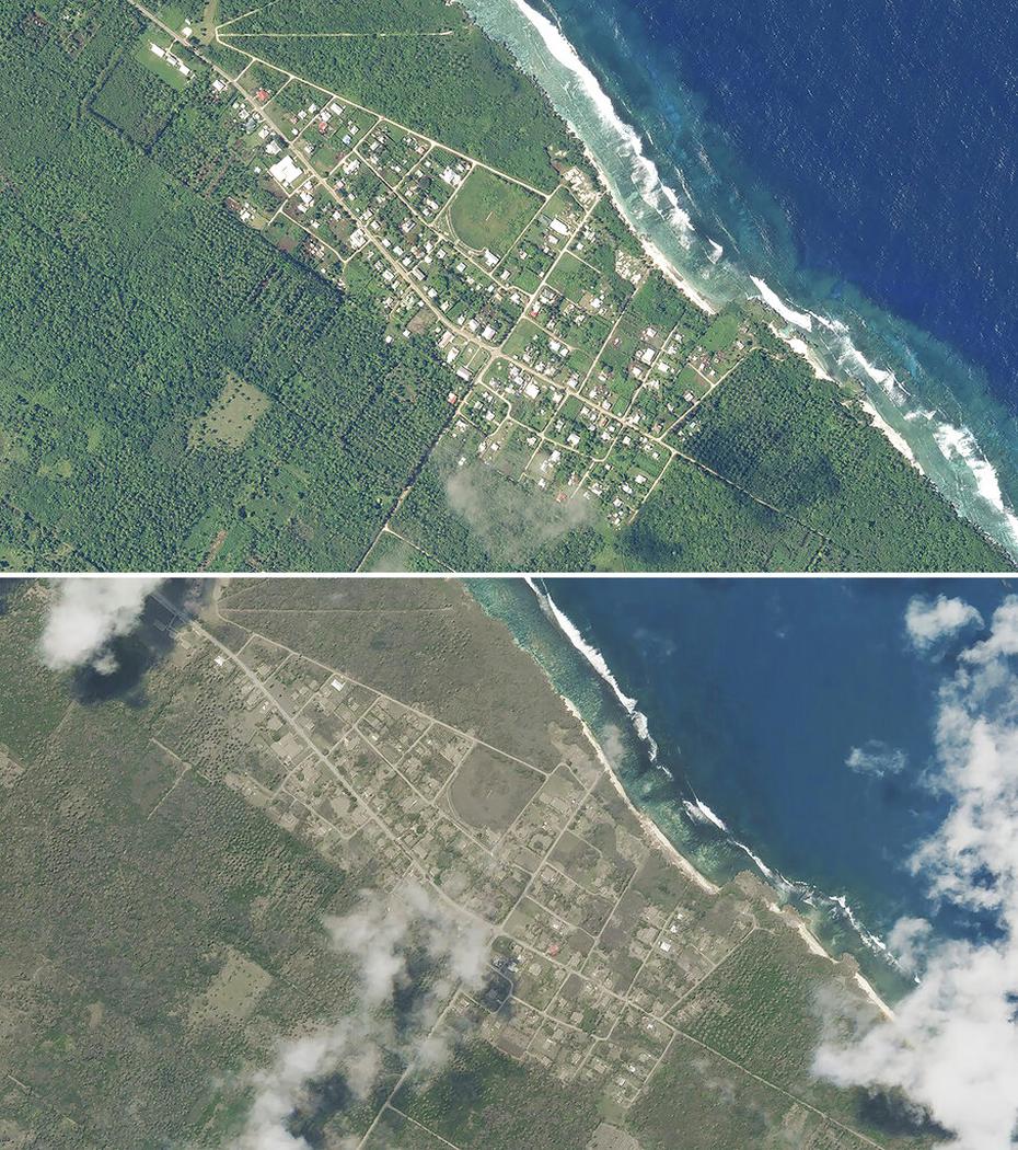 Antes y después en el pueblo Niutoua, en Tongatapu, la isla principal de Tonga.