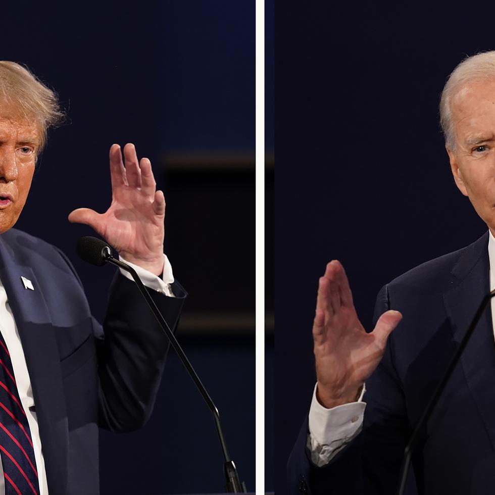 Combinación de fotos del presidente Donald Trump y del exvicepresidente Joe Biden durante su primer debate hacia las elecciones presidenciales de noviembre, el martes 29 de septiembre de 2020, en Cleveland, Ohio.