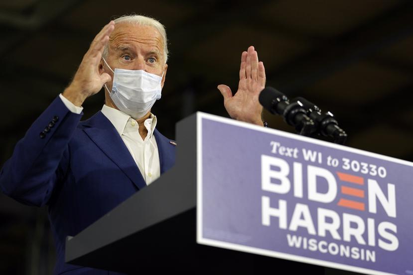 El candidato presidencial demócrata y exvicepresidente Joe Biden durante un evento de campaña en la Fundidora de Aluminio de Wisconsin en Manitowoc, Wisconsin.
