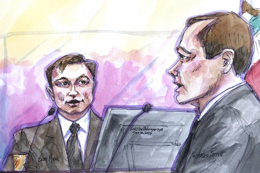 En este boceto de la sala del tribunal, Elon Musk, a la izquierda, con el abogado de los accionistas Nicholas Porritt, comparece el viernes 20 de enero de 2023 ante un tribunal federal en San Francisco. (Vicki Behringer vía AP)