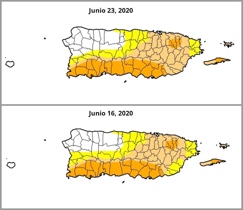 Comparativas del mapa de esta semana y la anterior que que muestra en amarillo las áreas bajo condiciones atípicamente secas y en color crema las áreas con sequía moderada. (USDM)