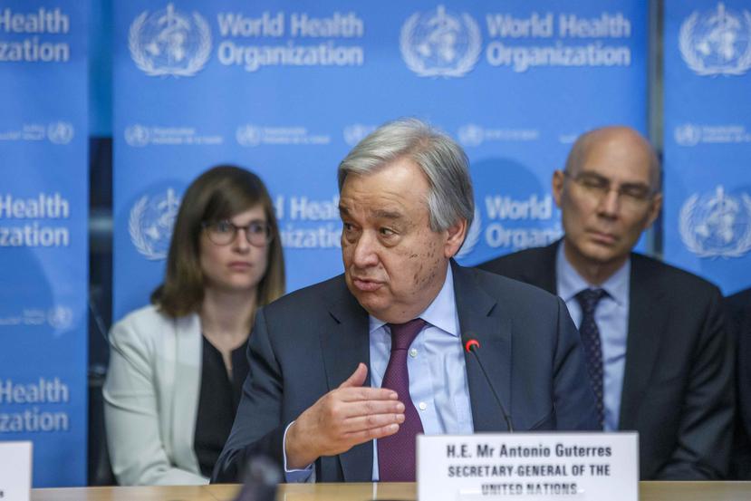 El secretario general de la ONU, Antonio Guterres, habla durante una conferencia sobre el nuevo coronavirus en la sede de la Organización Mundial de la Salud. (AP)