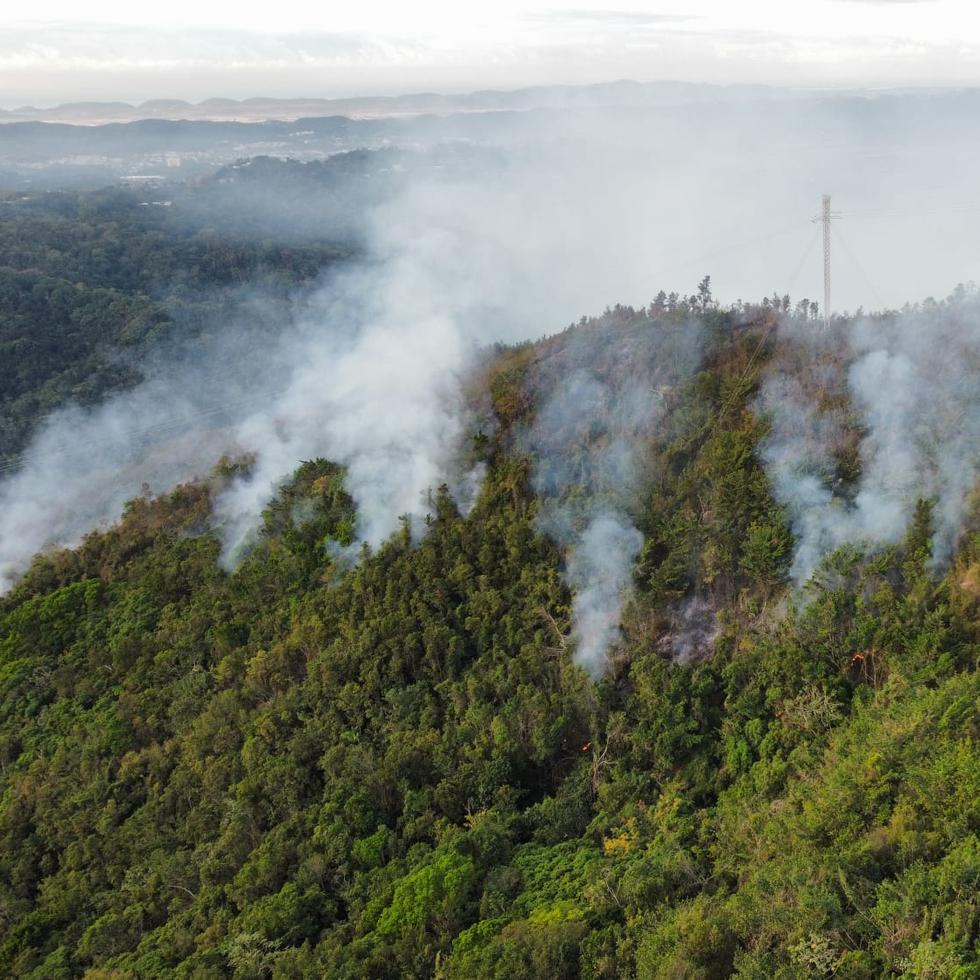 Foto tomada el pasado martes, cuando las llamas de un incendio forestal en Los Méndez, en San Germán, estaban propagándose por el área que colinda con Maricao.