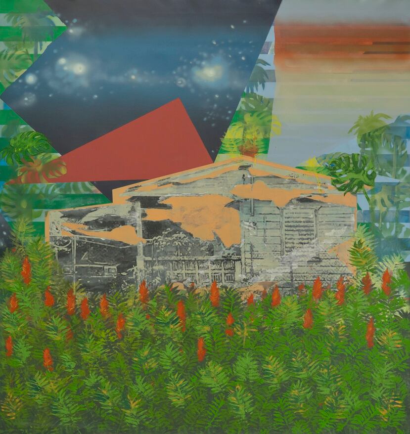 Según el artista, tras el paso del huracán, la forma arquetípica de la casa tomó un protagonismo muy singular como metáfora de nuestra identidad nacional. En la foto, la pieza titulada SAP.