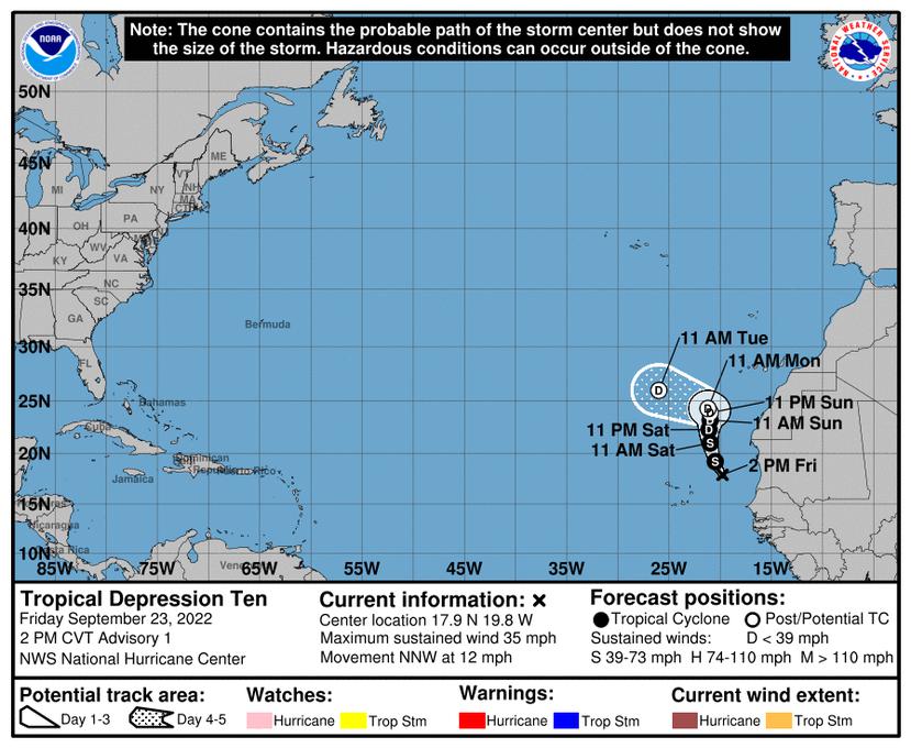 Pronóstico de trayectoria para la depresión tropical 10, según el boletín del Centro Nacional de Huracanes a las 11:00 a.m. del 23 de septiembre de 2022.