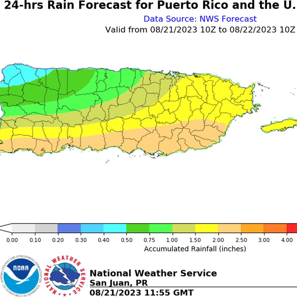 Pronóstico de acumulación de lluvia para el martes 22 de agosto de 2023 en Puerto Rico.