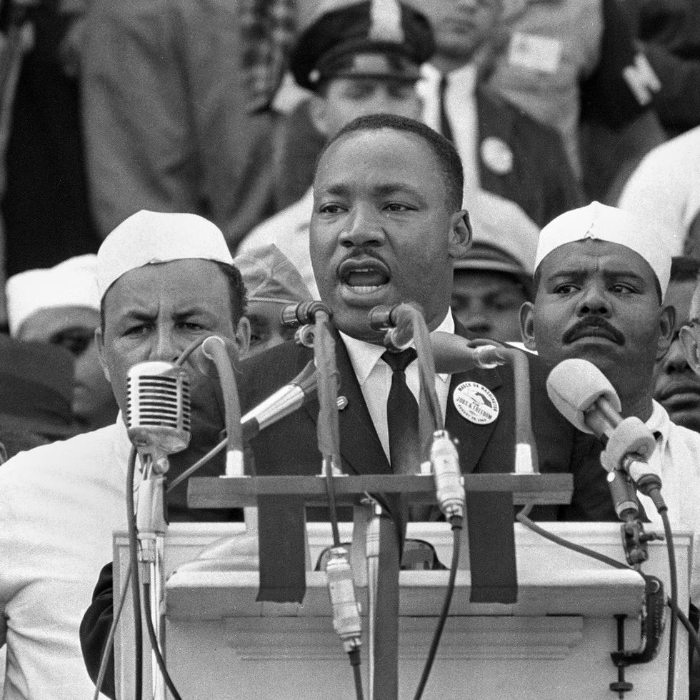 FILE - In this Aug. 28, 1963, file photo, Dr. Martin Luther King Jr. addresses marchers during his "I Have a Dream" speech at the Lincoln Memorial in Washington.  The U.S. economy “has never worked fairly for Black Americans — or, really, for any American of color,” Treasury Secretary Janet Yellen said in a speech delivered Monday, Jan. 17, 2022 one of many by national leaders acknowledging unmet needs for racial equality on Martin Luther King Day. (AP Photo, File)
