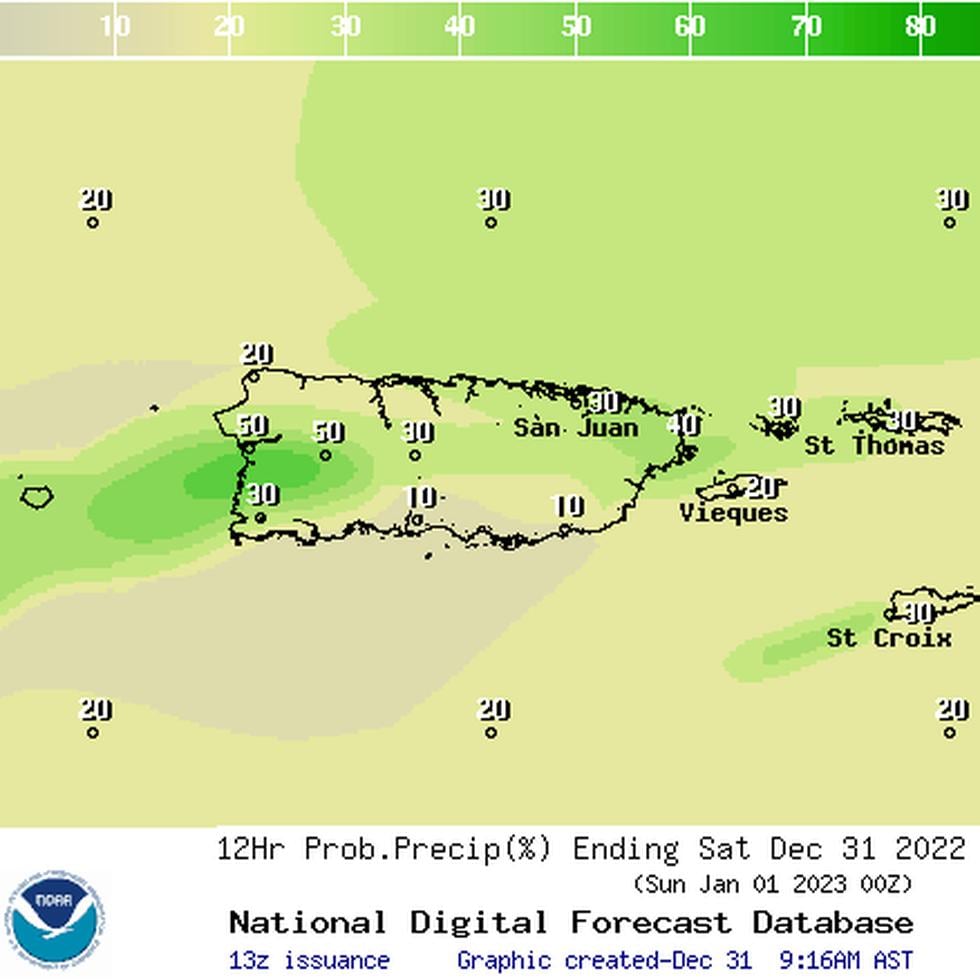 Pronóstico de probabilidad de lluvia para Puerto Rico durante el sábado, 31 de diciembre de 2022.