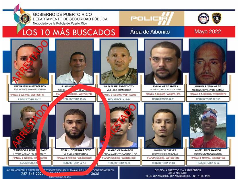 Tablero de los 10 más buscados en la región policiaca de Aibonito.
