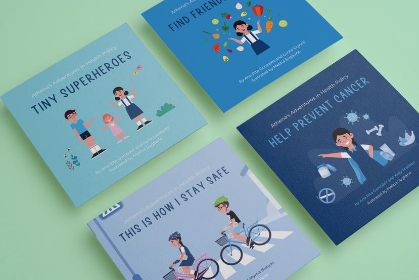 Cuatro portadas de la serie de 16 libros Athena's Adventures in Health Policy.