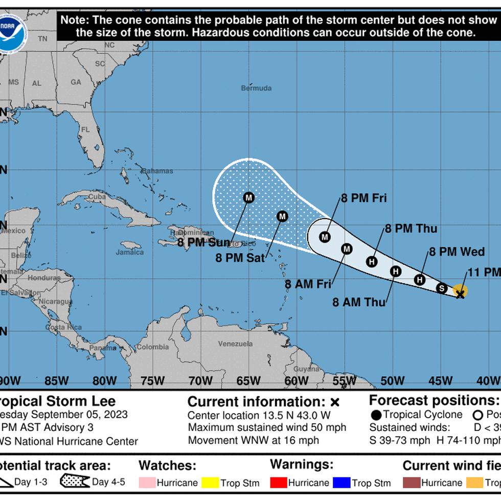 En el boletín de las 11:00 p.m., el NHC precisó que se prevé un fortalecimiento y se pronostica que Lee se convertirá en huracán mañana por la noche y en huracán importante el viernes.