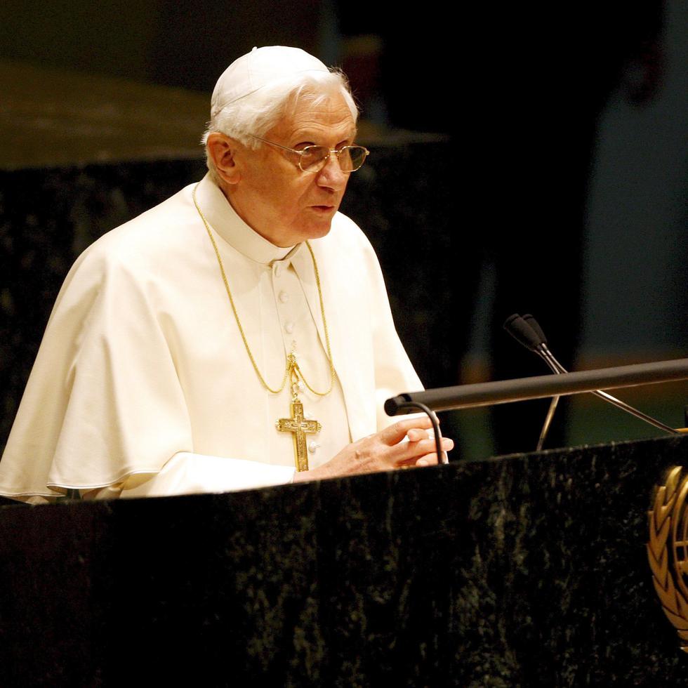 Imagen de Archivo del papa Benedicto XVI, durante el discurso que pronunció ante la Asamblea General de Naciones Unidas, en la sede de la ONU en Nueva York, Estados Unidos.
EFE/Matt Cambell
