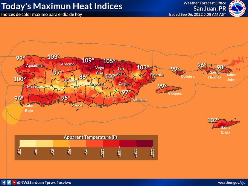 Mapa que muestra las a cuánto pueden ascender los índices de calor por área este martes, 6 de septiembre de 2022.