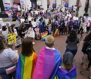 Jóvenes opuestos a un proyecto de ley que impide enseñar acerca de la orientación sexual y la identidad de género desde el jardín de infantes hasta el tercer grado se manifiestan frente a la legislatura de la Florida en Tallahassee.