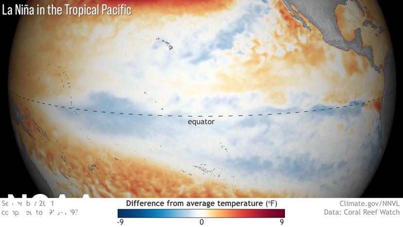 Diferencia de la temperatura en el océano Pacífico, donde se desarrolla el fenómeno La Niña, basado en un período que comprende desde el 1985-1993.