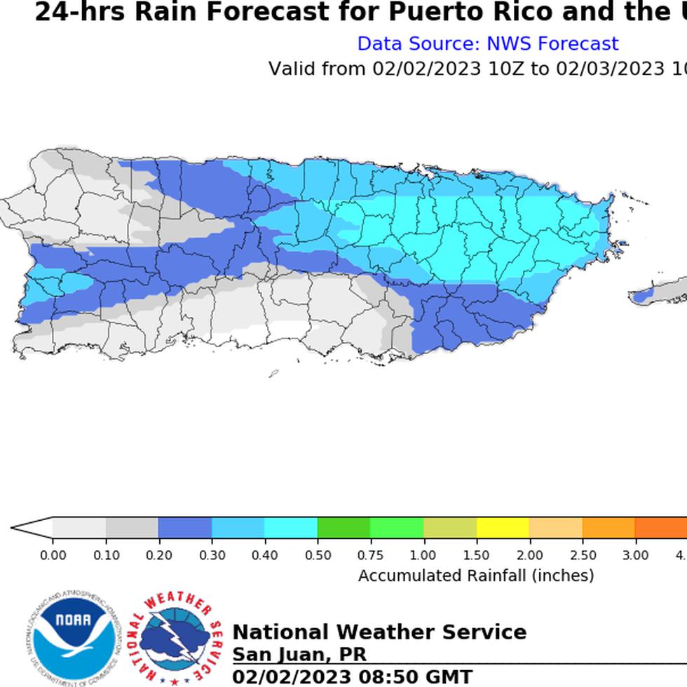 Pronóstico de acumulación de lluvia entre las 6:00 a.m. de este jueves a las 6:00 a.m. del viernes, 3 de febrero de 2023.