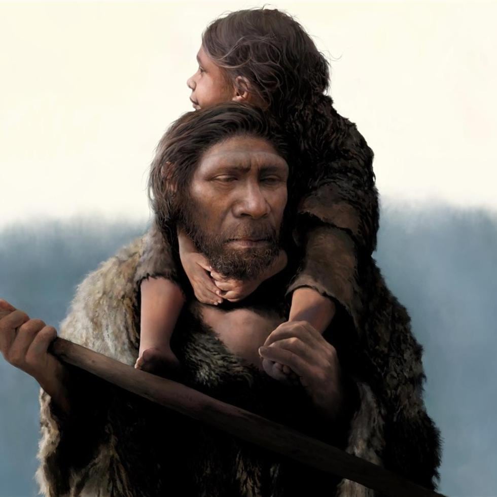 Representación de un padre neandertal y su hija.