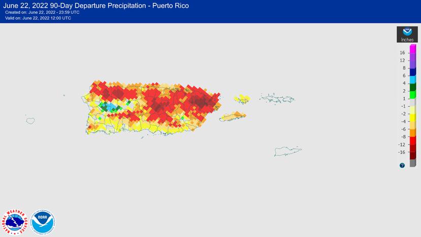 Mapa que muestra en colores los déficits de lluvia que acumula Puerto Rico, basado en un período de 90 días.