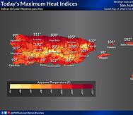 Gráfica que muestra los índices de calor pronosticado para este miércoles, 17 de agosto de 2022, en Puerto Rico.
