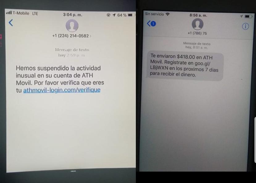 Estos son algunos de los mensajes de texto que envían a los ciudadanos para tratar de que divulguen información de sus cuentas bancarias. Se recomienda que la gente no los conteste, sino que se comunique directamente con sus bancos. (Suministrado)