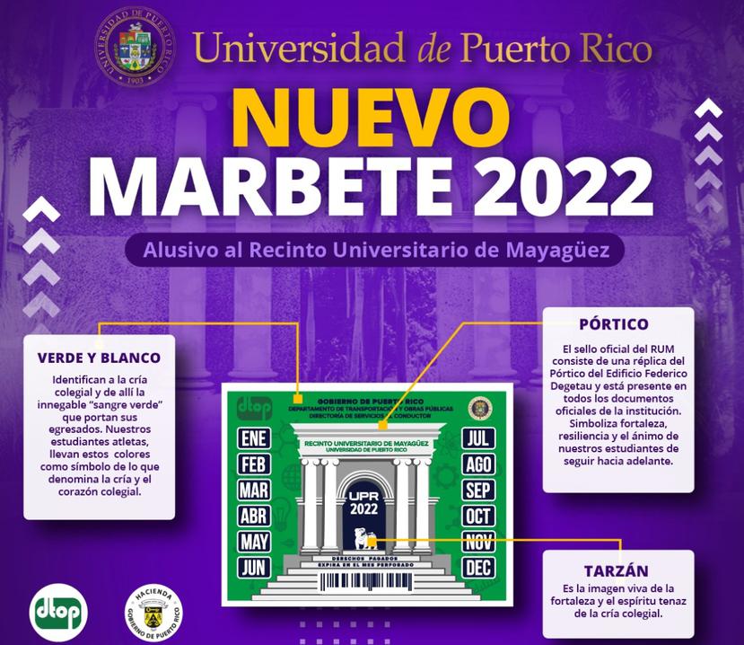 Imagen del nuevo marbete del 2022 que será alusivo al Recinto Universitario de Mayagüez.