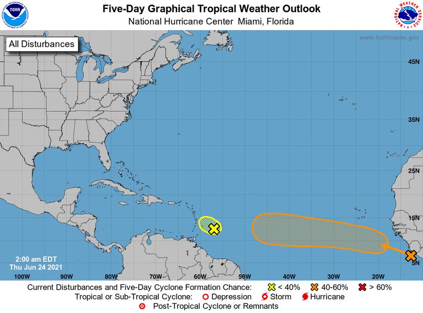 Gráfica del Centro Nacional de Huracanes con la probabilidad de desarrollo ciclónico para dos disturbios en el Atlántico.