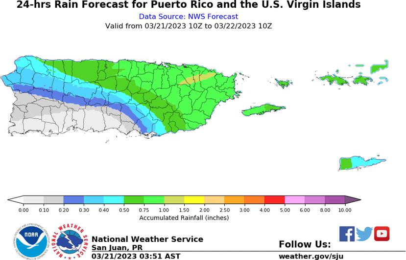 Pronóstico de acumulación de lluvia en Puerto Rico durante el período de 24 horas, desde las 6:00 a.m. del 21 de marzo hasta las 6:00 a.m. del día siguiente.