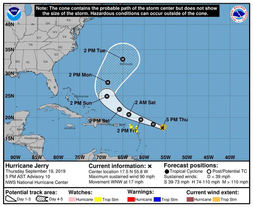 El huracán Jerry  tiene vientos de 90 millas por hora. (NOAA)