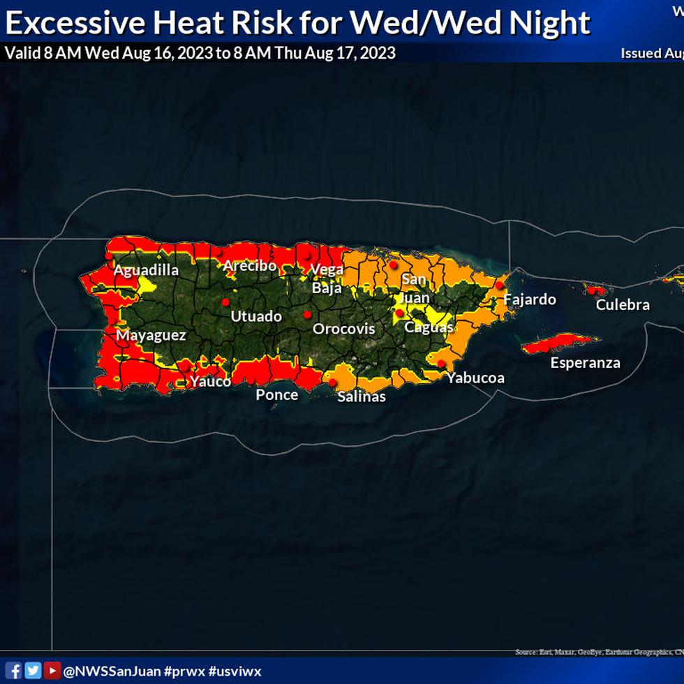 Mapa que muestra los niveles de riesgo por calor en Puerto Rico para el 16 de agosto de 2023. El amarillo es riesgo limitado, anaranjado es riesgo elevado y rojo riesgo significativo.