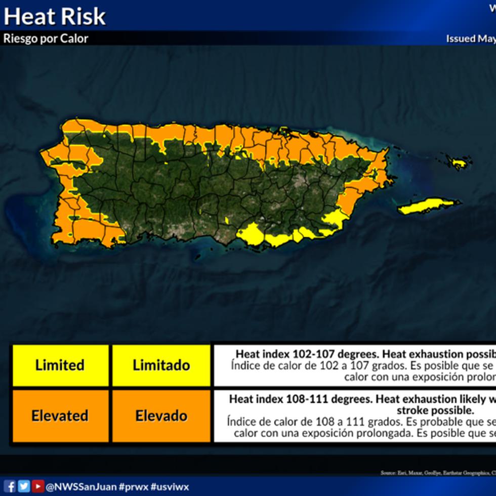 Se esperan índices de calor que se elevan a los 111 grados Fahrenheit para varios municipios costeros de la isla.