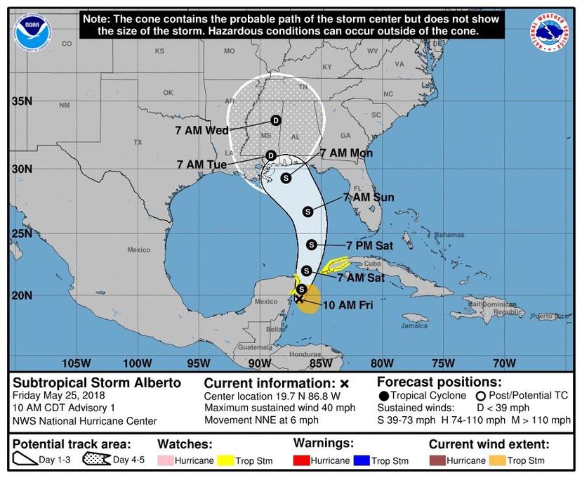 La tormenta subtropical Alberto, la primera de la temporada de huracanes en el Atlántico, se formó hoy al noroeste del Caribe y se espera que deje "fuertes lluvias" en la Península de Yucatán (México), Florida y Cuba este fin de semana. (EFE/NOAA)