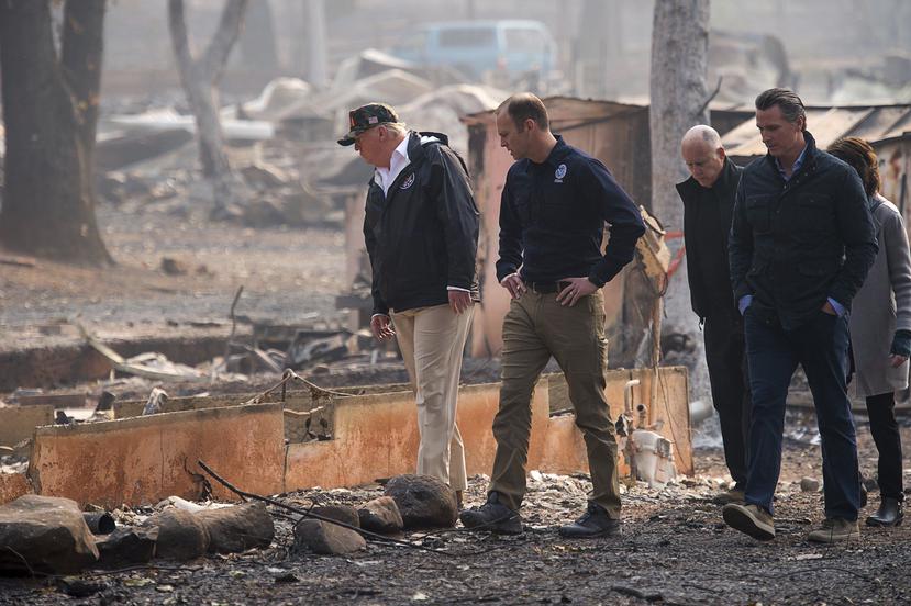 El presidente Donald Trump inspecciona los daños causados por el fuego forestal en California junto al director de FEMA, Brock Long (centro). (Paul Kitagaki Jr. / Sacramento Bee)