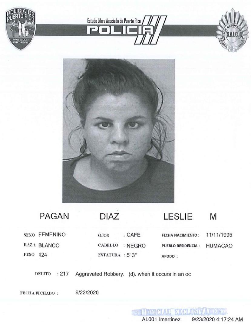 Ficha suministrada por el Negociado de la Policía de Leslie Marie Pagán Díaz.