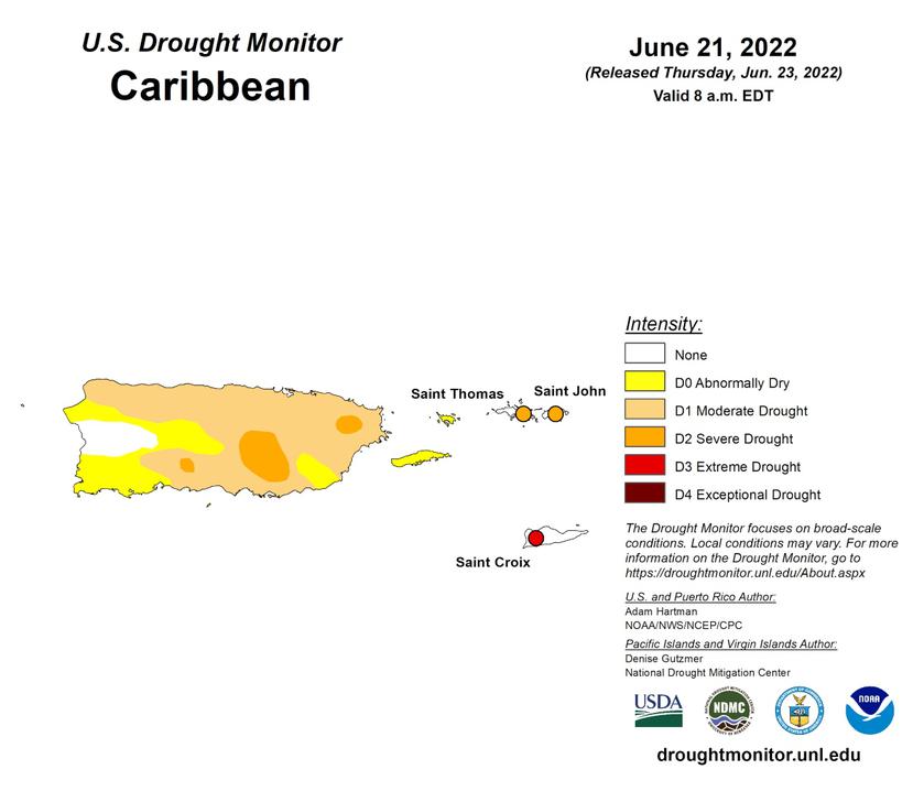 Un mapa que muestra los distintos niveles de sequía en la isla, según lo informado por el Monitor de sequía de EE. UU. el 23 de junio de 20222.