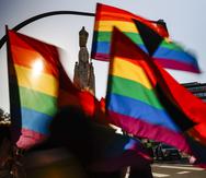 imagen de archivo de un grupo de personas con unas banderas en el Día Internacional del Orgullo LGTBI. EFE/Miguel Toña
