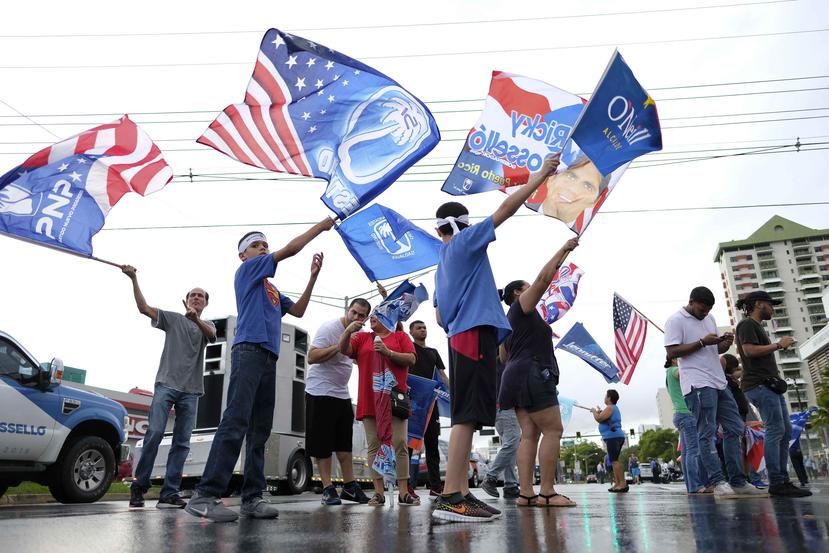Simpatizantes del PNP con banderas de la colectividad y Estados Unidos. (GFRMedia)